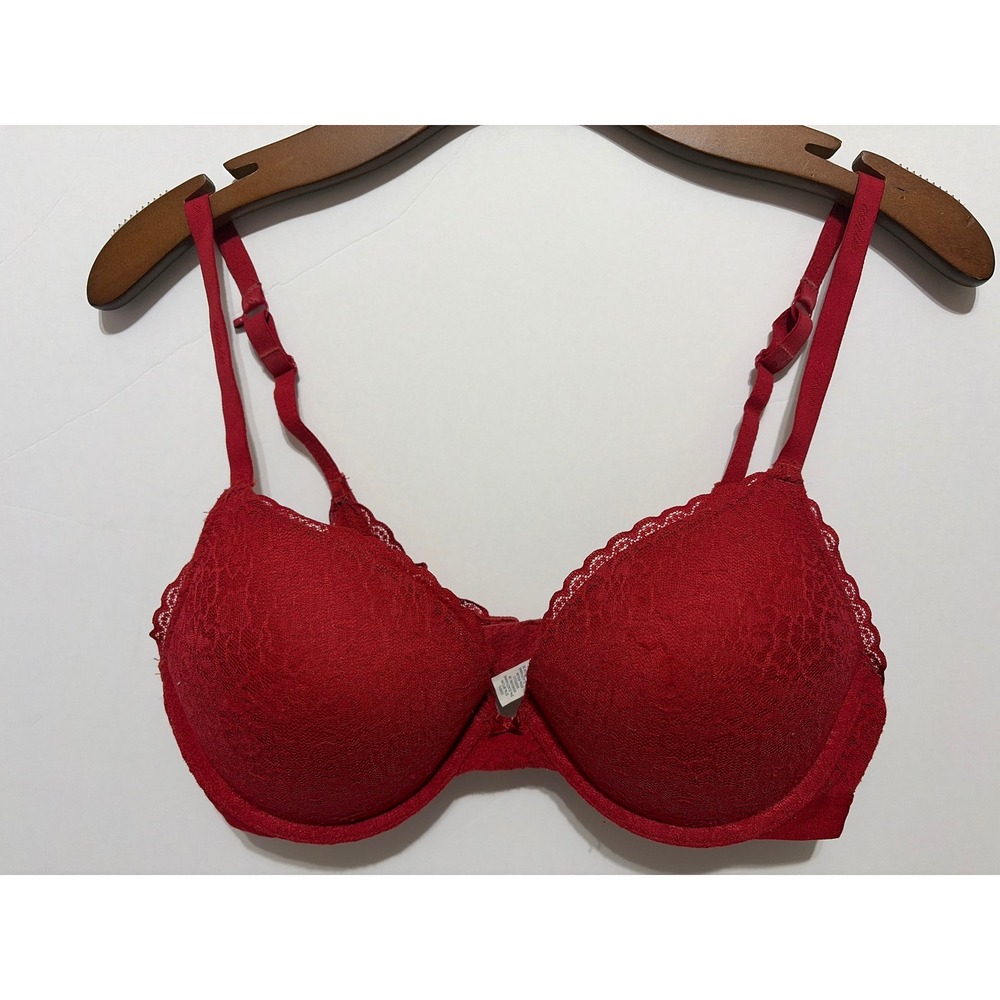 Aerie Real Power Plunge Push Up Padded Bra Red Floral Lace Underwire 34D 4773